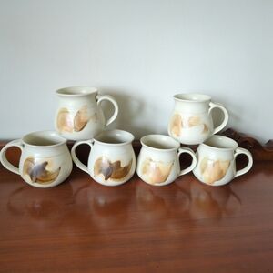 Set Of 6 Artisan Studio Pottery Handmade Coffee Mugs Brown Beige Round Stoneware